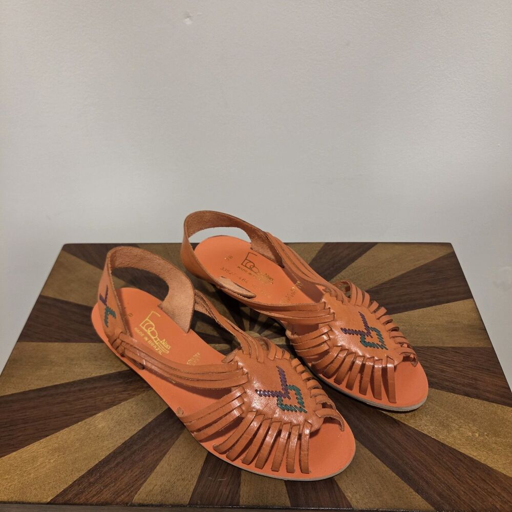 True Vintage 70s Foot Niks Sandals Shoes US 7B Orange Leather Boho Hippie Gypsy - Picture 2 of 11